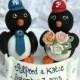 Baseball penguin wedding cake topper, sport themed wedding, love birds with banner