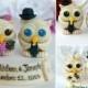 Custom wedding love bird owl cake topper, champagne owl bride and groom, winter Christmas wedding with banner, pinecones bouquet
