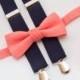 Coral bow tie & Navy blue suspenders, ring bearer outfit, kids bow tie, Groomsmen bow tie suspenders