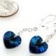 Swarovski Heart Earrings Dark Blue on Long Drop, Swarovski Blue Heart Earrings, Prom Jewelry, Blue Dangle Earrings, Blue Wedding Jewelry
