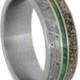 Meteorite Ring with Green Box Elder Burl, Dinosaur Bone Wedding Band, Wood Inlay Ring