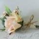 Liam - Men's Buttonhole / Boutonniere - vintage, country Garden style buttonhole, peach rose, Geraldton wax and grey foliage.
