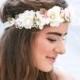 Wedding Flower Crown Boho Crown in Pink and Ivory with Vintage Lace Wedding Flower Halo Bohemian Bridesmaid or Flower Girl Headpiece