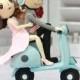 Wedding Cake topper, Wedding Clay Couple on Vespa in blue and light pink theme, wedding clay miniature, clay doll, clay figurine