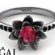 Unique Engagement Ring 14K White Gold Flower Ruby With Black Diamond - Lotus Engagement Ring