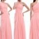 Peach Pink One Shoulder Bridesmaid Dress, Floor-Length Watermelon Chiffon Bridesmaid Dress