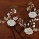 Set of Three Rose Gold Bridal Hair Pins, Freshwater Pearl Flower Hair Pins, Flower Headpiece, wedding Hair Fascinator