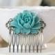 Teal Blue Rose Flower Hair Comb Teal Blue Wedding Hair Accessory Bridal Hair Comb Antiqued Brass Filigree Comb Victorian Bridesmaid Gift