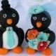 Custom wedding cake topper penguin - love birds bride and groom - robin egg blue, gerber daisies bouquet