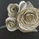 vintage book page spiral rose wedding corsage or boutonniere with burlap leaves for lapel or wrist
