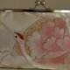 Silk Kimono Fabric Bag/Purse/Clutch..Embroidered Crane..Chrysanthemum..Long Island Bridal/Wedding Gift..Ivory/Pink..Free Monogram