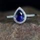 Blue Sapphire & Diamond Pear cut Halo Engagement Ring 1ct 7x5mm 14k 18k White Yellow Rose Gold Platinum Custom made Wedding Anniversary