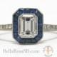 Elegant Emerald Cut Diamond Vintage Antique Platinum Engagement Ring Art Deco Bezel Low Setting Sapphire Halo Edwardian Engraved Band