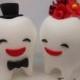 Custom Wedding Cake Topper--Love Teeth couple with circle clear base