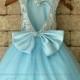 Tulle Flower Girls Dress With Sequin Top, Blue Color Birthday Party Dress with Pearl Neckline