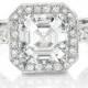 Ladies Platinum antique diamond engagement ring 1.00 ctw G-VS2 diamonds and 1.50ct Asscher Cut White Sapphire Center