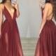 Sexy Maroon Prom Dress - Deep V-neck Long Ruched Backless