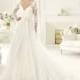 Exquisite A-line V-neck Long Sleeve Hand Made Flowers Sweep/Brush Train Lace Wedding Dresses - Dressesular.com