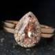 BLACK FRIDAY SALE Halo Diamond Pink Morganite Teardrop Ring - Engagement Ring - Wedding Band Set, Rose Gold