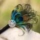 Wedding Boutonniere Peacock & Rhinestone Crystal. Spring Lime Green Turquoise, Ivory / White / Black Ribbon. Sophisticated Groom Groomsmen