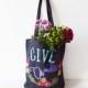 Thanksgiving canvas tote shopper bag dark gray give thanks thankful applique flower wreath