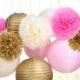 Set of 12 Mixed Gold Pink Ivory Tissue Paper  Pom Poms Flower Paper Lanterns Wedding Birthday Girl Baby Shower Party Decoration