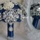Wedding Brooch Bouquet, Navy Blue Brooch bouquet, Silver Wedding Brooch Bouquet, Bridal Bouquet, Jewelry  Bouquet,  COUNTRY GLAM Wedding