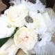 Vintage Elegance Silk Bridal Bouquet in Shades of White, Ivory & Blush - Ostrich Feathers, Roses, Peonies, Rhinestone Brooch Bouquet Accents