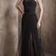 A-line Sweetheart Appliques With Belt Black Tulle Satin Prom Dress PD3349