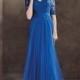 A-line V-neck Lace Bodice with Long Sleeves Tulle Chiffon Prom Dress PD3346