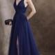 Sexy V-neck with Straps Backless High Slit Blue Prom Dress PD3338