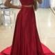 Fabulous Two Piece Red Prom Dress - Halter Sleeveless Sweep Train with Beading