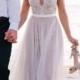 Elegant Scoop Neck Lace A Line Tulles Beach Wedding Dress WD034