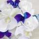 Silk Wedding Bouquet with Off White Roses, Blue Purple and White Orchids, and Callas - Natural Touch Silk Flower Bouquet - Teal Turquoise