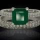Emerald Engagement Ring, Emerald Solitaire Wedding Set with Micropave Diamond Wedding Band - LS2437