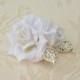 Bridal hairpiece, White rhinestone headpiece, Leaf wedding hair clip, White bridal hair rose, Vintage wedding flower, Silver hairpiece