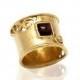 30% SALE 24k Gold plated over silver wide band Ring combined with a Garnet gemstone - Antique Style wedding band Ring