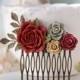 Red Latte Brown Gray Hair Comb Red Wedding Hair Comb Floral Bridal Comb Bridesmaid Gift Antiqued Gold Leaf Rustic Vintage Hair Accessory