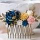Gold Navy Blue Pink Ivory Floral Bridal Hair Comb, Wedding Hair Comb, Antiqued gold leaf branch Comb, Country Barn Wedding Hairpiece