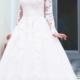 Full Sleeves V-Neck Appliqued Button Back Tea-Length Bridal Dress On Sale