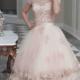 Ball Gown Bateau Tea-Length Pink Tulle Wedding Dress with Lace Appliques