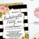 Bachelorette Party Invitation "Black and White Striped Florals" (Printable File Only) Vintage Roses Gold Faux-Glitter Watercolor Flowers