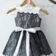 Ivory Satin Black Lace Flower Girl Dress Junior Bridesmaid Wedding Party Dress M007