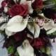 Burgandy, Black, Off White Silk Gothic Cascading Bridal Bouquet Roses,Calla Lily, Black Feathers. Real Touch, silk wedding flowers