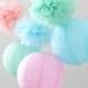 Set of 9 Mixed Mint Green Blue Pink Tissue Paper Pom Poms and Paper Lantern Wedding Birthday Baby Shower Nursery Hanging Decoration