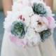 Silk Wedding Succulent Bouquet - Green Gray Pink and Blush Peonies Silk Flower Bride Bouquet