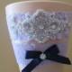 Lilac Purple Lace Wedding Garter Set, Lavender Garters w/ Rhinestones, Navy Blue Bow, Something Blue, Rustic-Vintage- Country Bride