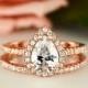 1.5 ctw Classic Halo Bridal Set, Pear Ring, Bridal Ring, Man Made Diamond Simulants, Half Eternity Ring, Sterling Silver, Rose Gold Plated