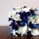 Rebecca's Bridal Bouquet Aqua Hydrangeas, Blue Violet Dendrobuim Orchids,White Calla Lilies
