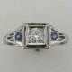 Platinum Diamond and Blue Sapphire Filigree Ring; Promise Ring; Sapphire Wedding Ring; Alternative Wedding Ring